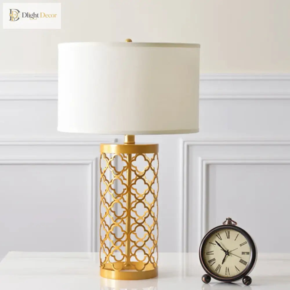 American Golden Wrought Iron Hollow Pattern Table Lamp - Luxury Bedside Led Desk Lighting