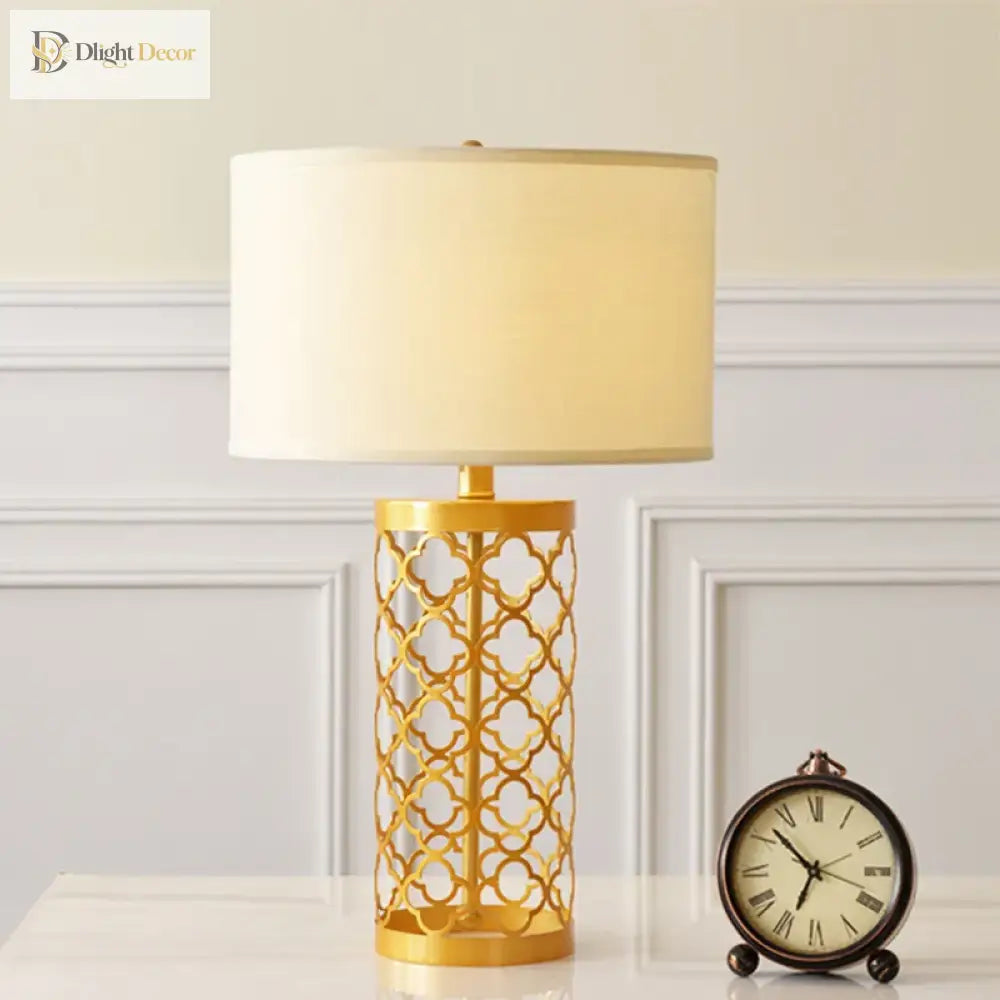 American Golden Wrought Iron Hollow Pattern Table Lamp - Luxury Bedside Led Desk Lighting