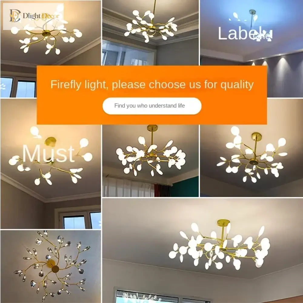 Modern Firefly Led Chandelier - Black And Gold Ceiling Pendant Lamp For Living Room Bedroom Hall