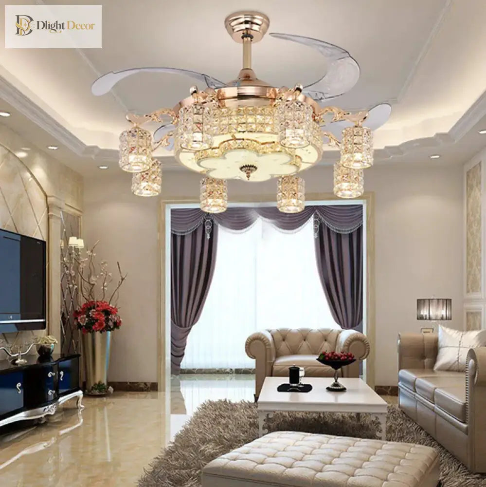 Led Crystal Gold Fan Lights Living Room Modern With Remote Control Luxury Ceiling Fans 110V 260V