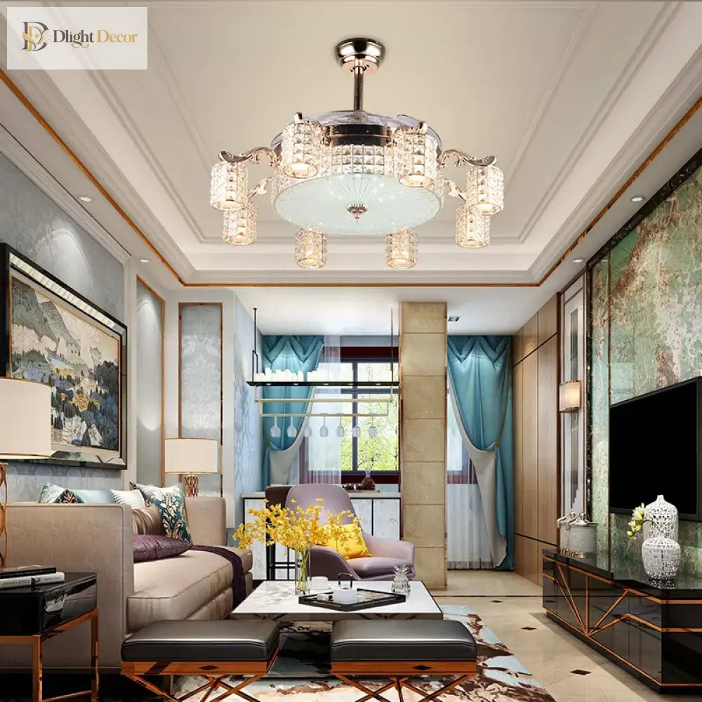 Led Crystal Gold Fan Lights Living Room Modern With Remote Control Luxury Ceiling Fans 110V 260V