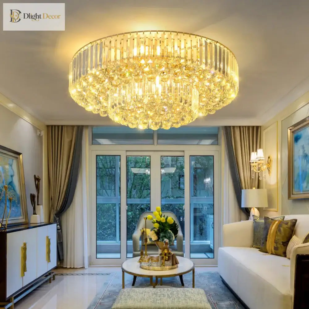 Modern Golden Rectangle Round Crystal Ceiling Light - Elegant Led Lighting For Living Rooms Dining