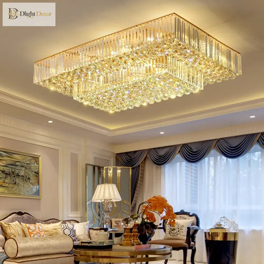 Modern Golden Rectangle Round Crystal Ceiling Light - Elegant Led Lighting For Living Rooms Dining