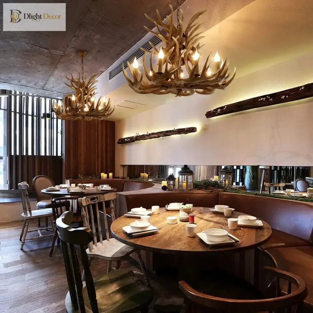 European Country Led Antler Chandelier - Retro Resin Deer Horn Ceiling Lamp For Home Kitchen Decor