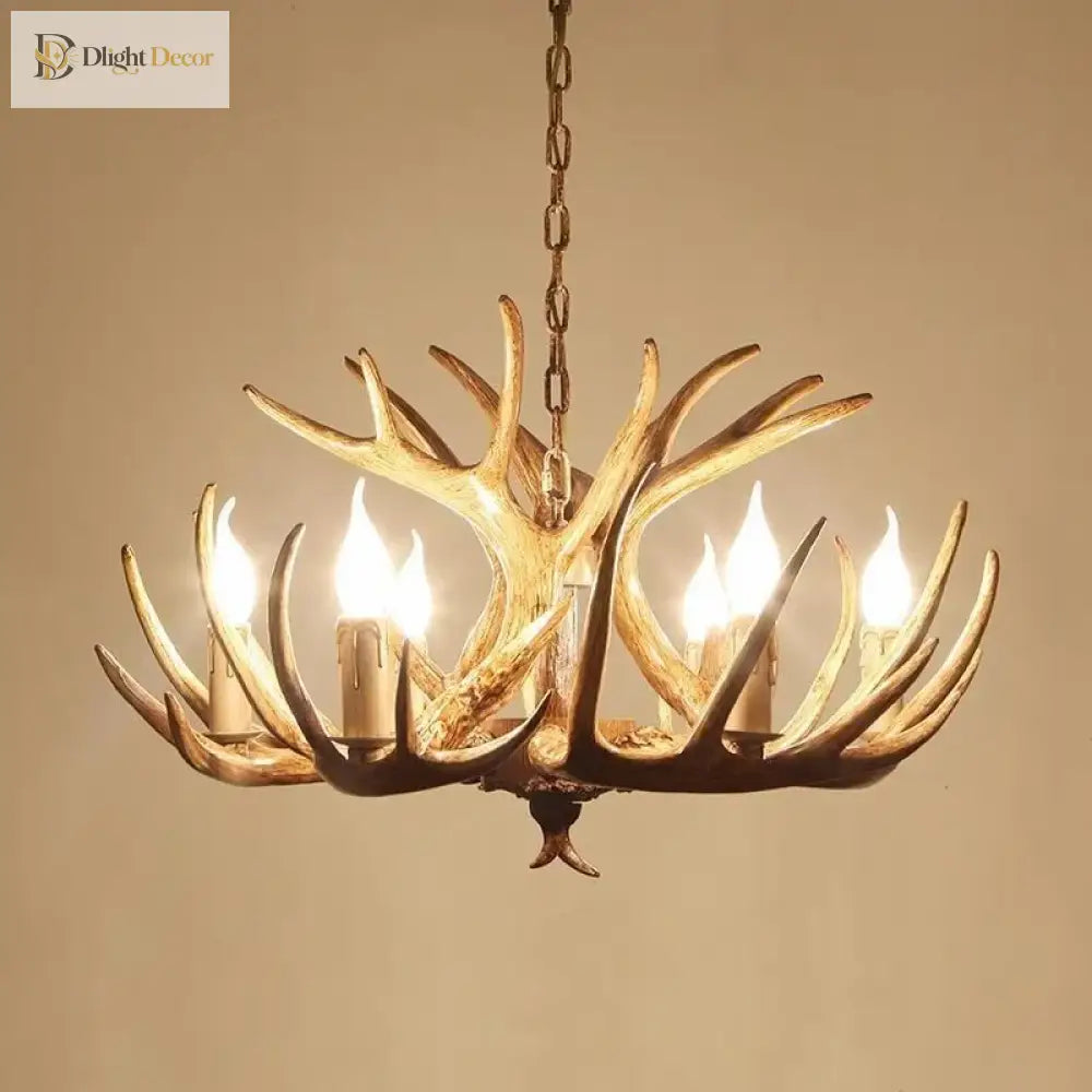 European Country Led Antler Chandelier - Retro Resin Deer Horn Ceiling Lamp For Home Kitchen Decor