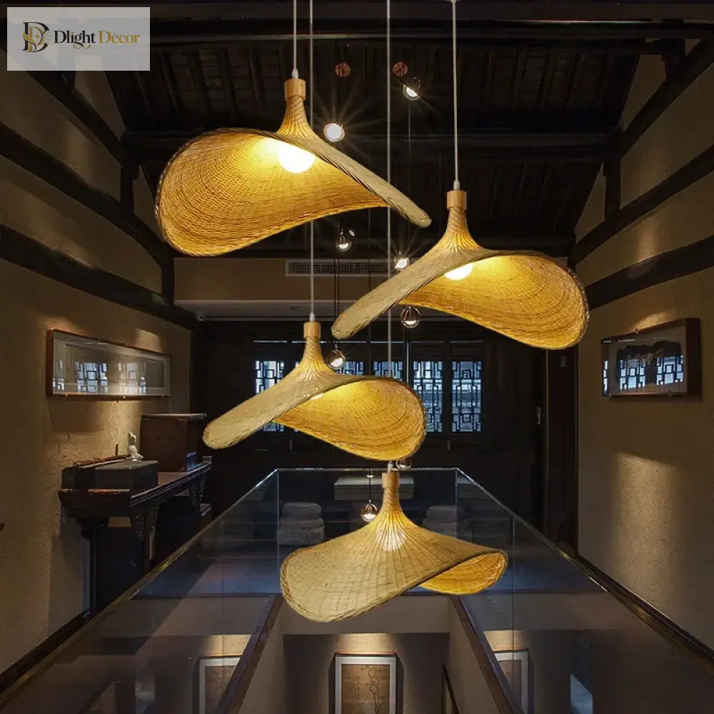 Classic Straw Hat Handmade Bamboo Pendant Lamp - Retro Rattan Led Chandelier For Home Decoration In