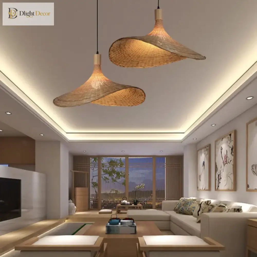 Classic Straw Hat Handmade Bamboo Pendant Lamp - Retro Rattan Led Chandelier For Home Decoration In