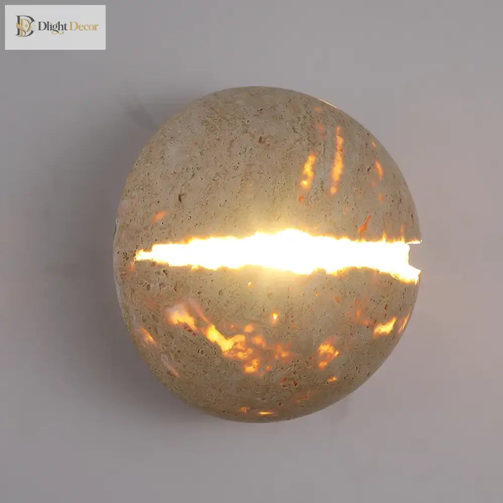 Retro Dinosaur Egg - Shaped Natural Stone Art Wall Lamp - Yellow Travertine Hemisphere Led Sconce