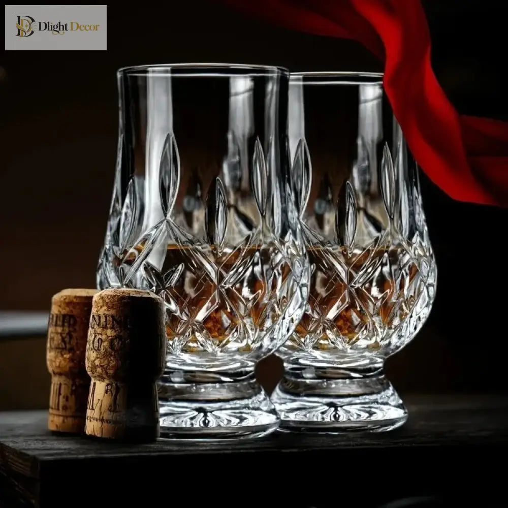 Faceted crystal whiskey tasting glasses, diamond-cut design on clear bowl and stem
