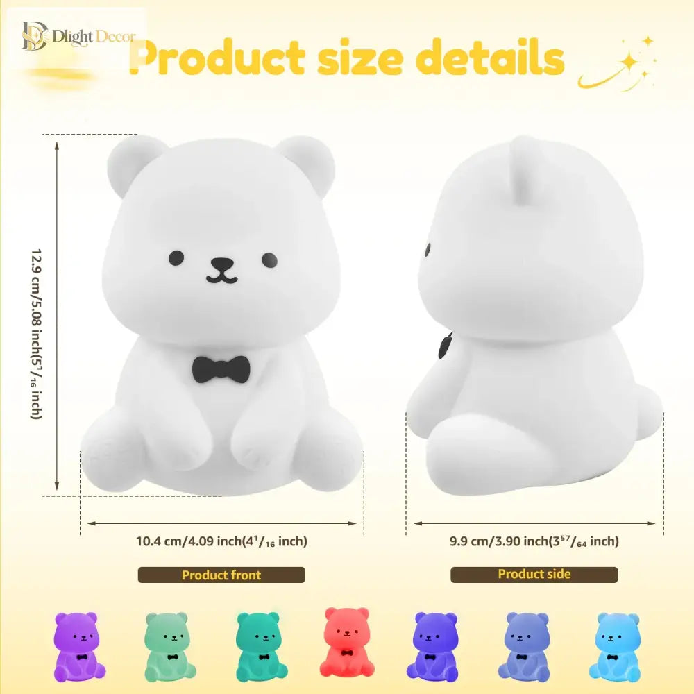 Lumibubs Bow Tie Bear Night Light, 7 Colour Touch Dimmable Silicone Lamp with 40Hr Battery - 1PC - Night Light