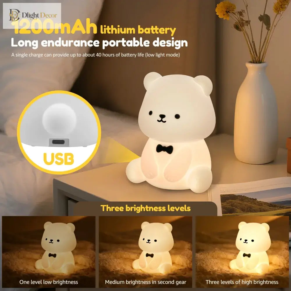 Lumibubs Bow Tie Bear Night Light, 7 Colour Touch Dimmable Silicone Lamp with 40Hr Battery - 1PC - Night Light