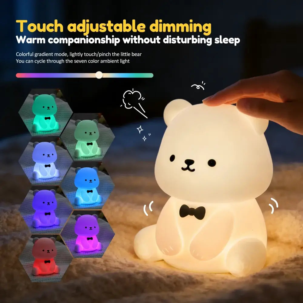 Lumibubs Bow Tie Bear Night Light, 7 Colour Touch Dimmable Silicone Lamp with 40Hr Battery - 1PC - Night Light