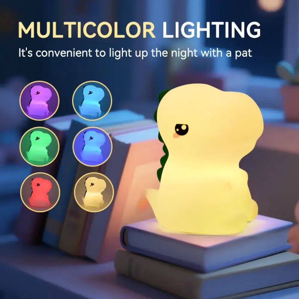 Lumibubs Chubby T-Rex Night Light, Rechargeable Timer Silicone Dinosaur Lamp for Kids - Colorful Light - Night Light