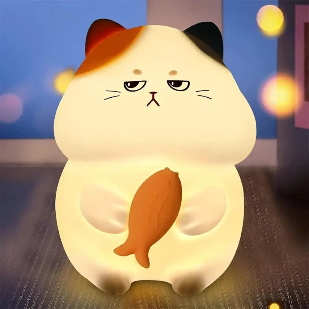 Lumibubs Grumpy Fish Cat Night Light, 7 Colour Pat Control Rechargeable Silicone Kids Lamp - Greedy Cat / China