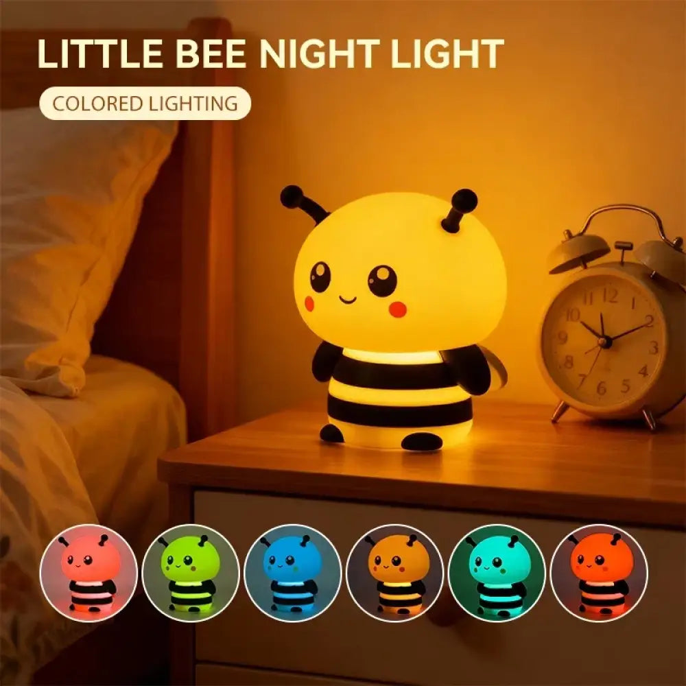 Lumibubs Happy Bee Night Light, Touch Dimmable Rechargeable Silicone Bedside Lamp for Kids - Colorful Light - Night