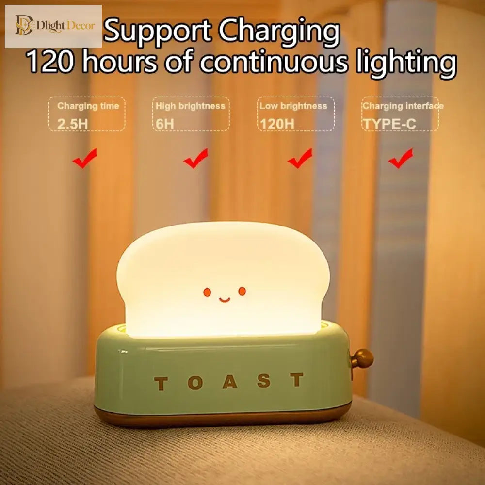 Lumibubs Happy Toast Night Light, Cute Rechargeable Bedside Lamp for Kids & Adults - Night Light