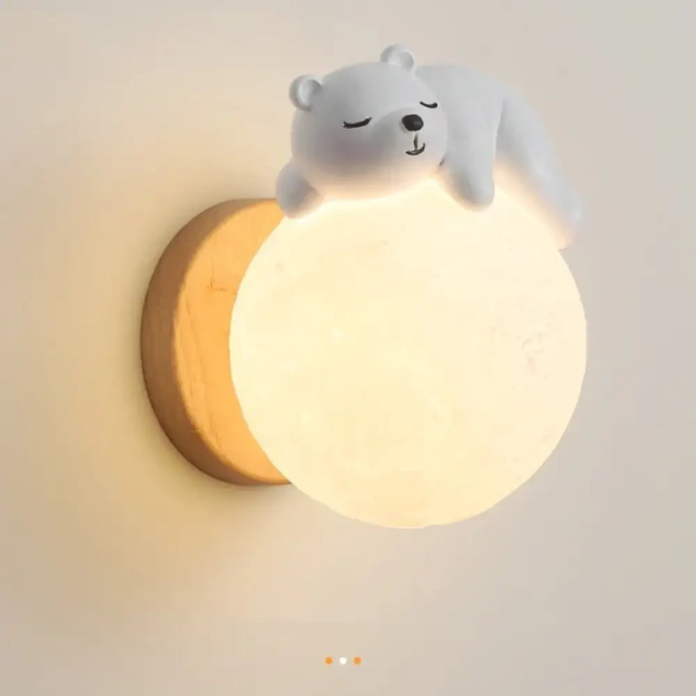 Lumibubs Sleeping Bear Moon Wall Lamp, Premium Resin & Wood Kids Bedroom Sconce - wall Lamp