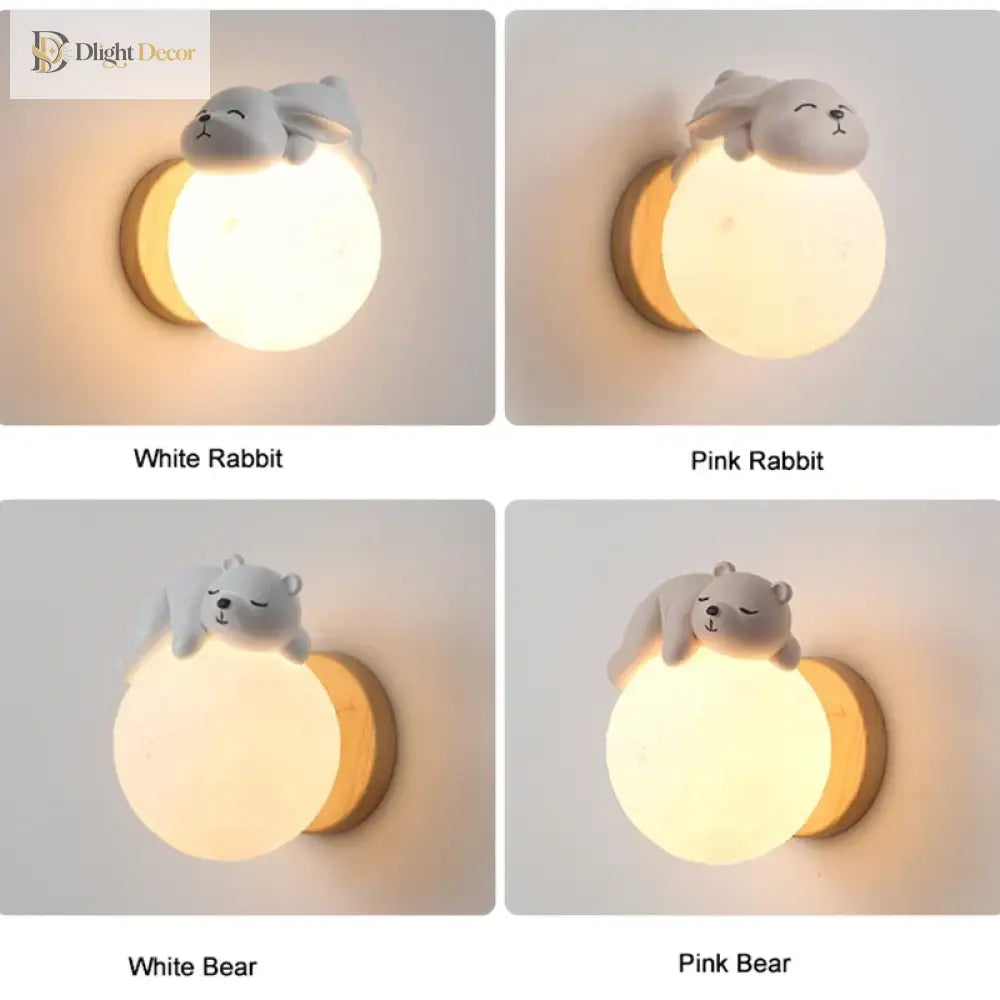 Lumibubs Sleeping Bear Moon Wall Lamp, Premium Resin & Wood Kids Bedroom Sconce - wall Lamp