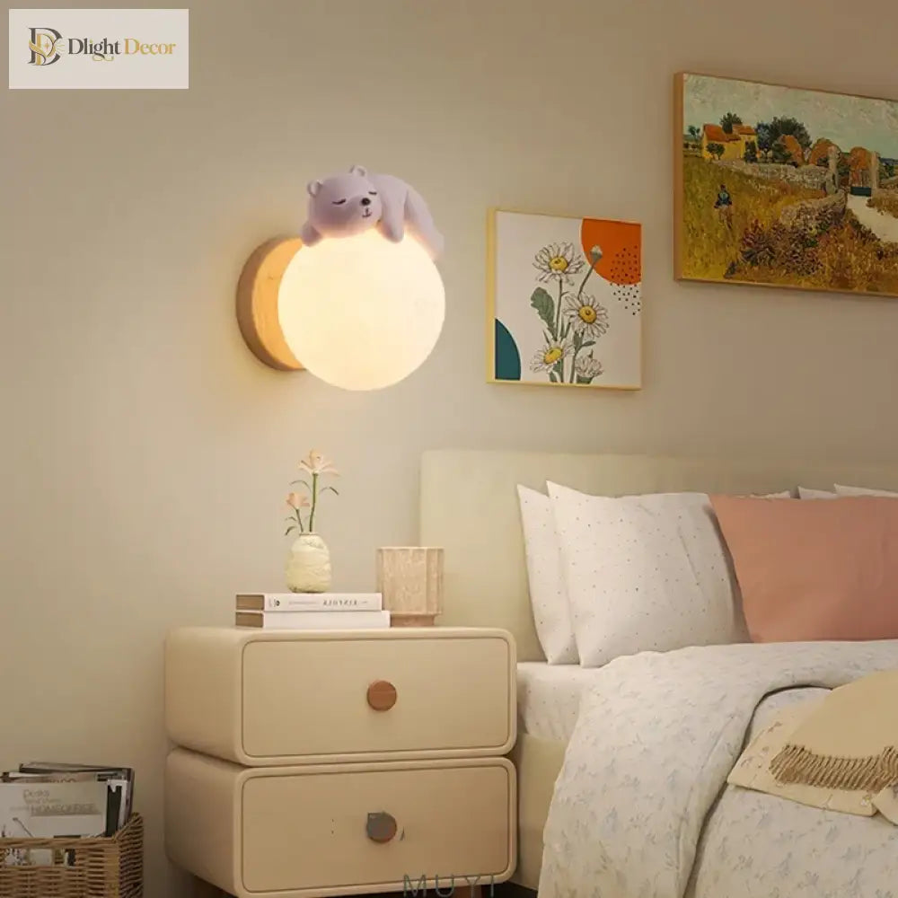 Lumibubs Sleeping Bear Moon Wall Lamp, Premium Resin & Wood Kids Bedroom Sconce - wall Lamp