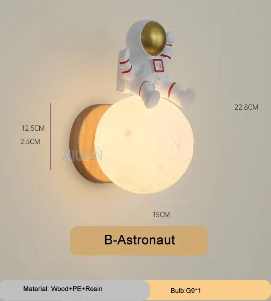 Lumibubs Sleeping Bear Moon Wall Lamp, Premium Resin & Wood Kids Bedroom Sconce - B Astronaut / 3 Color Temperature