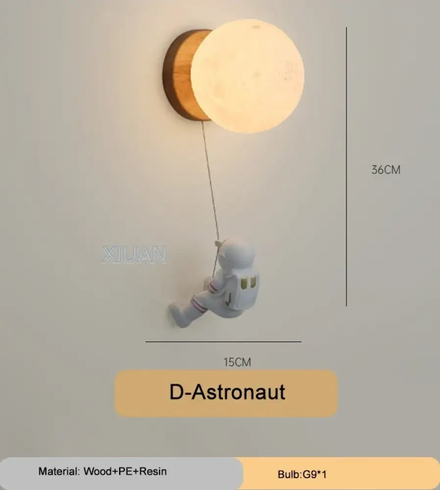 Lumibubs Sleeping Bear Moon Wall Lamp, Premium Resin & Wood Kids Bedroom Sconce - D Astronaut / 3 Color Temperature