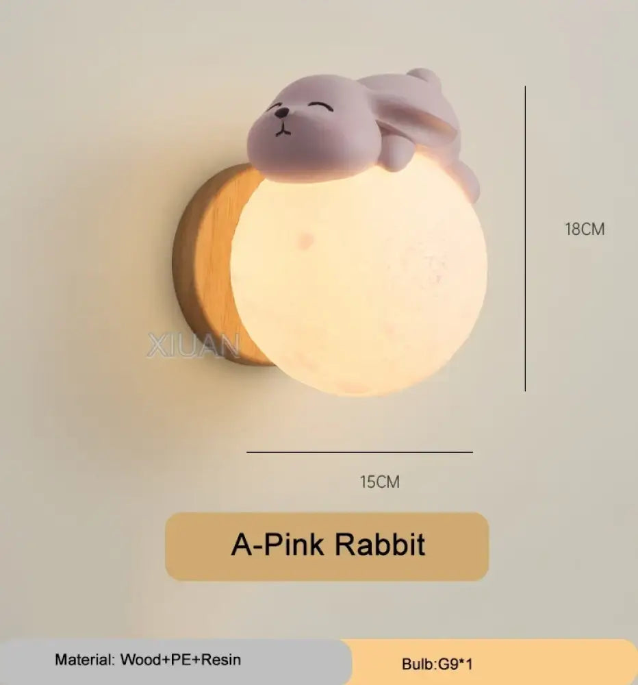 Lumibubs Sleeping Bear Moon Wall Lamp, Premium Resin & Wood Kids Bedroom Sconce - Pink Rabbit / 3 Color Temperature