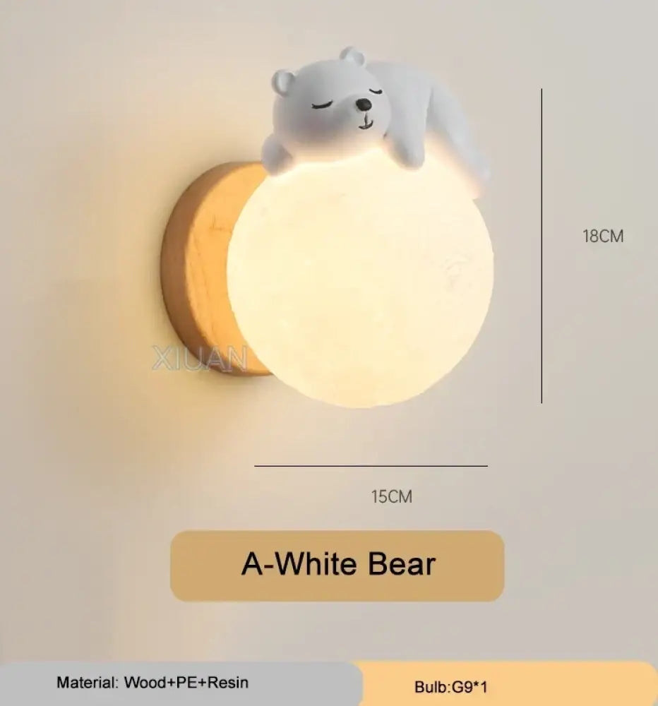 Lumibubs Sleeping Bear Moon Wall Lamp, Premium Resin & Wood Kids Bedroom Sconce - White Bear / 3 Color Temperature