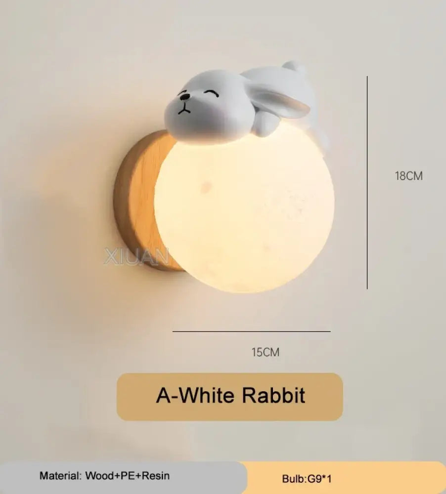 Lumibubs Sleeping Bear Moon Wall Lamp, Premium Resin & Wood Kids Bedroom Sconce - White Rabbit / 3 Color Temperature