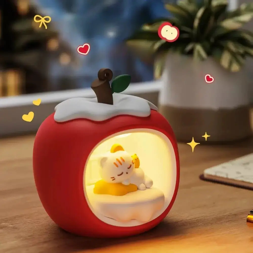 Lumibubs Sleepy Cat Apple House Night Light, Touch Control USB Rechargeable Atmosphere Lamp - Night Light