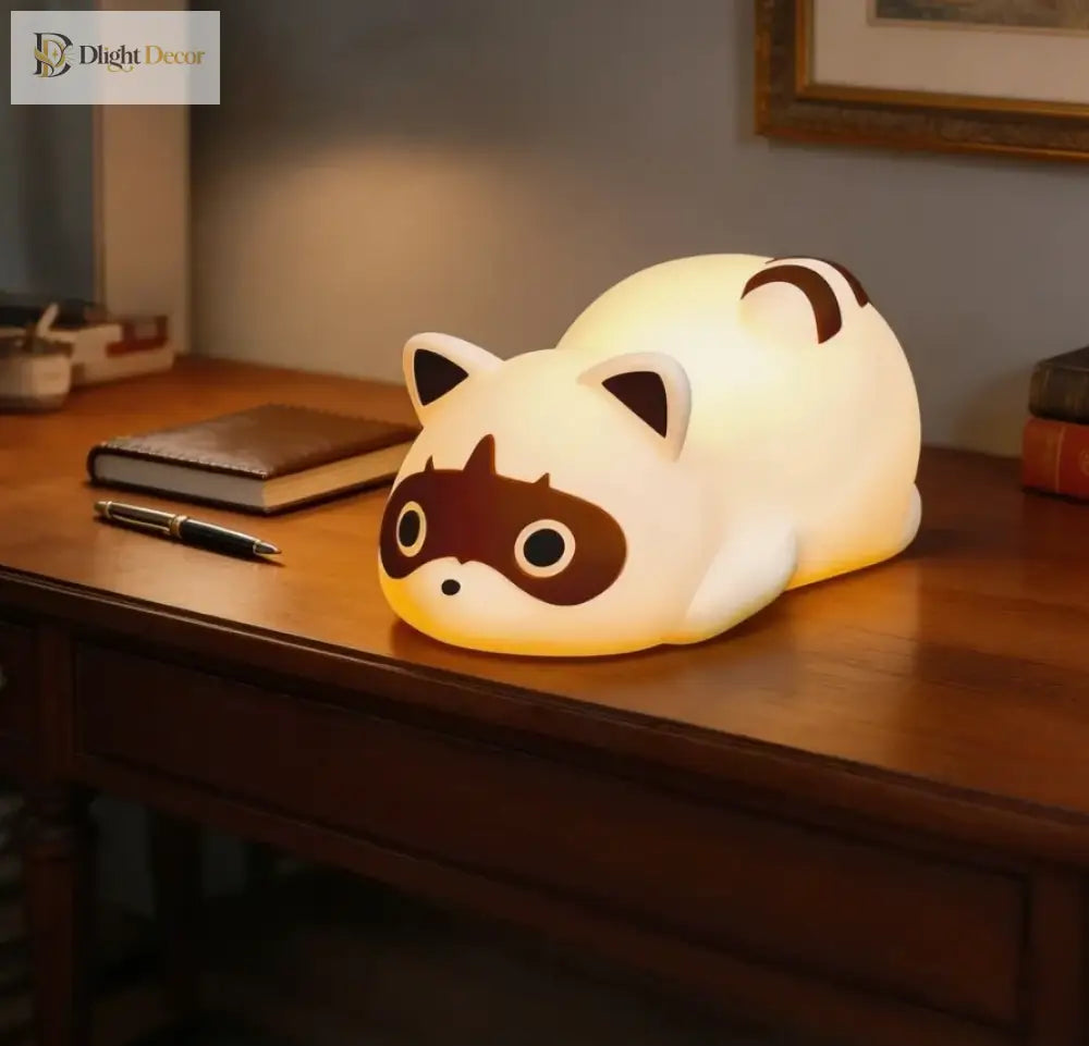 Lumibubs Sleepy Raccoon Night Light, 3-Level Touch Dimmable Rechargeable Silicone Lamp - WHITE / United States
