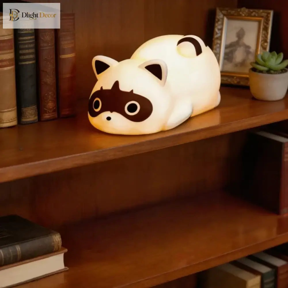 Lumibubs Sleepy Raccoon Night Light, 3-Level Touch Dimmable Rechargeable Silicone Lamp - WHITE / United States