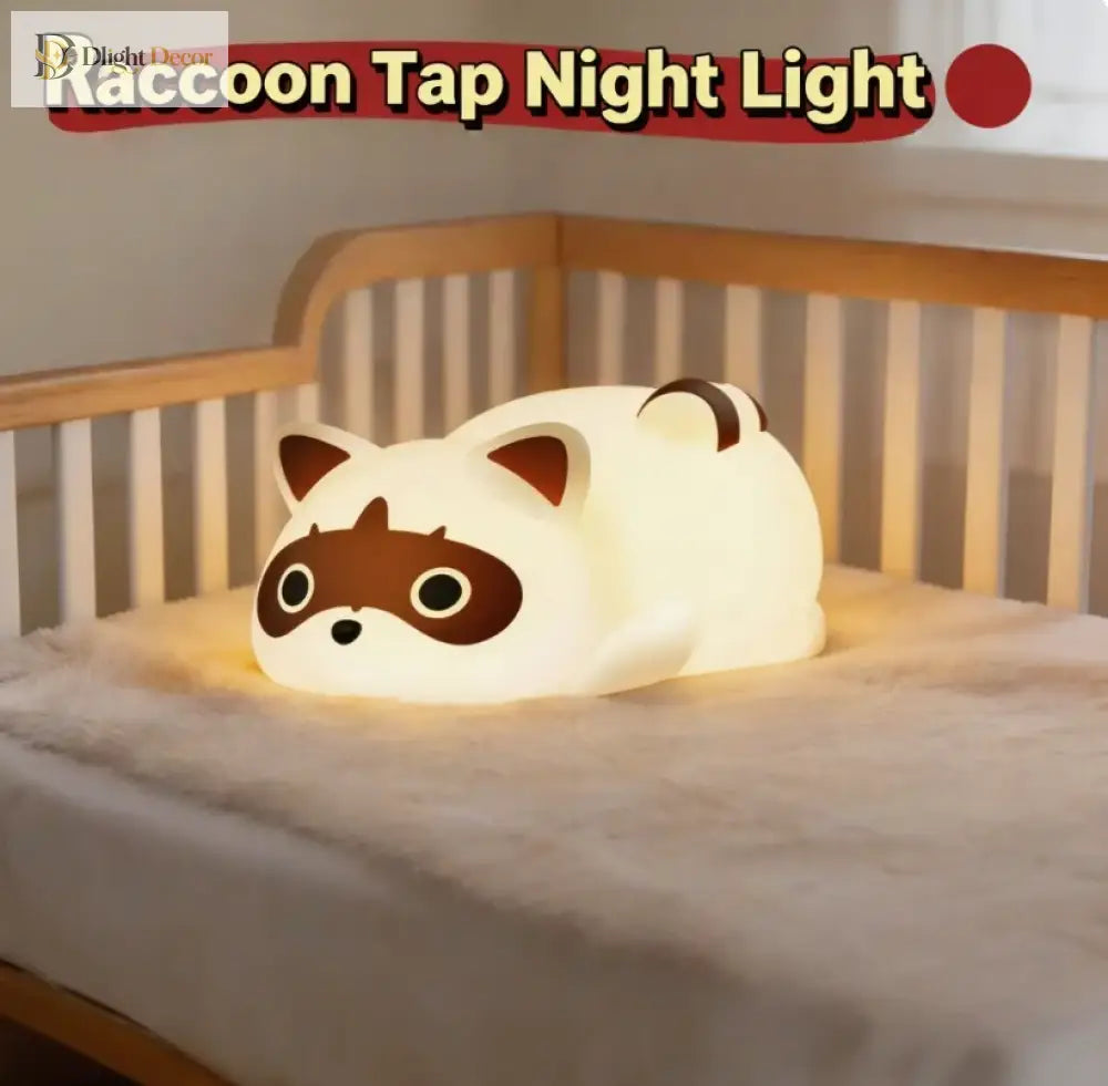 Lumibubs Sleepy Raccoon Night Light, 3-Level Touch Dimmable Rechargeable Silicone Lamp - WHITE / United States