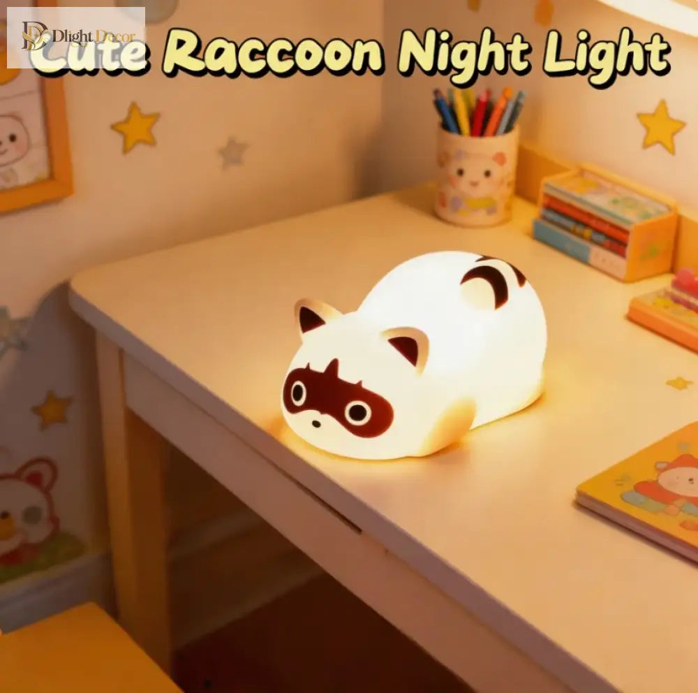 Lumibubs Sleepy Raccoon Night Light, 3-Level Touch Dimmable Rechargeable Silicone Lamp - WHITE / United States