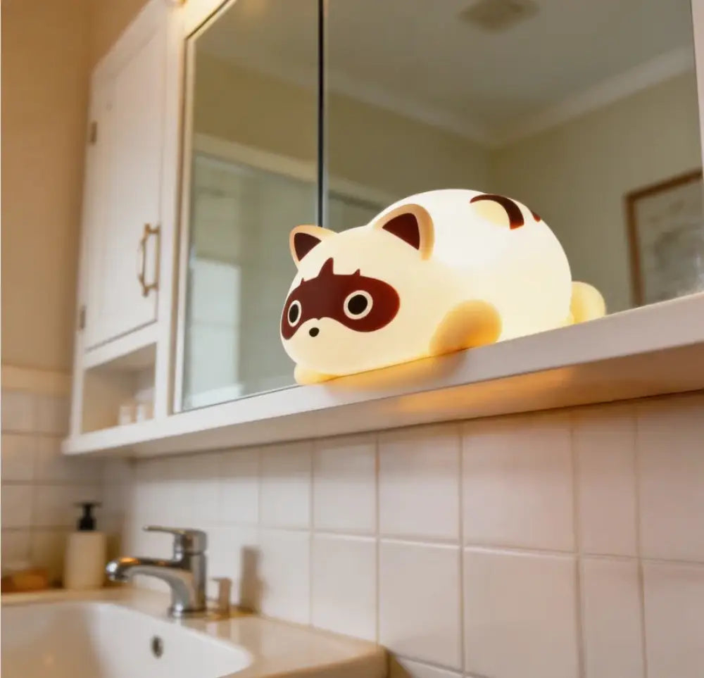 Lumibubs Sleepy Raccoon Night Light, 3-Level Touch Dimmable Rechargeable Silicone Lamp - WHITE / United States