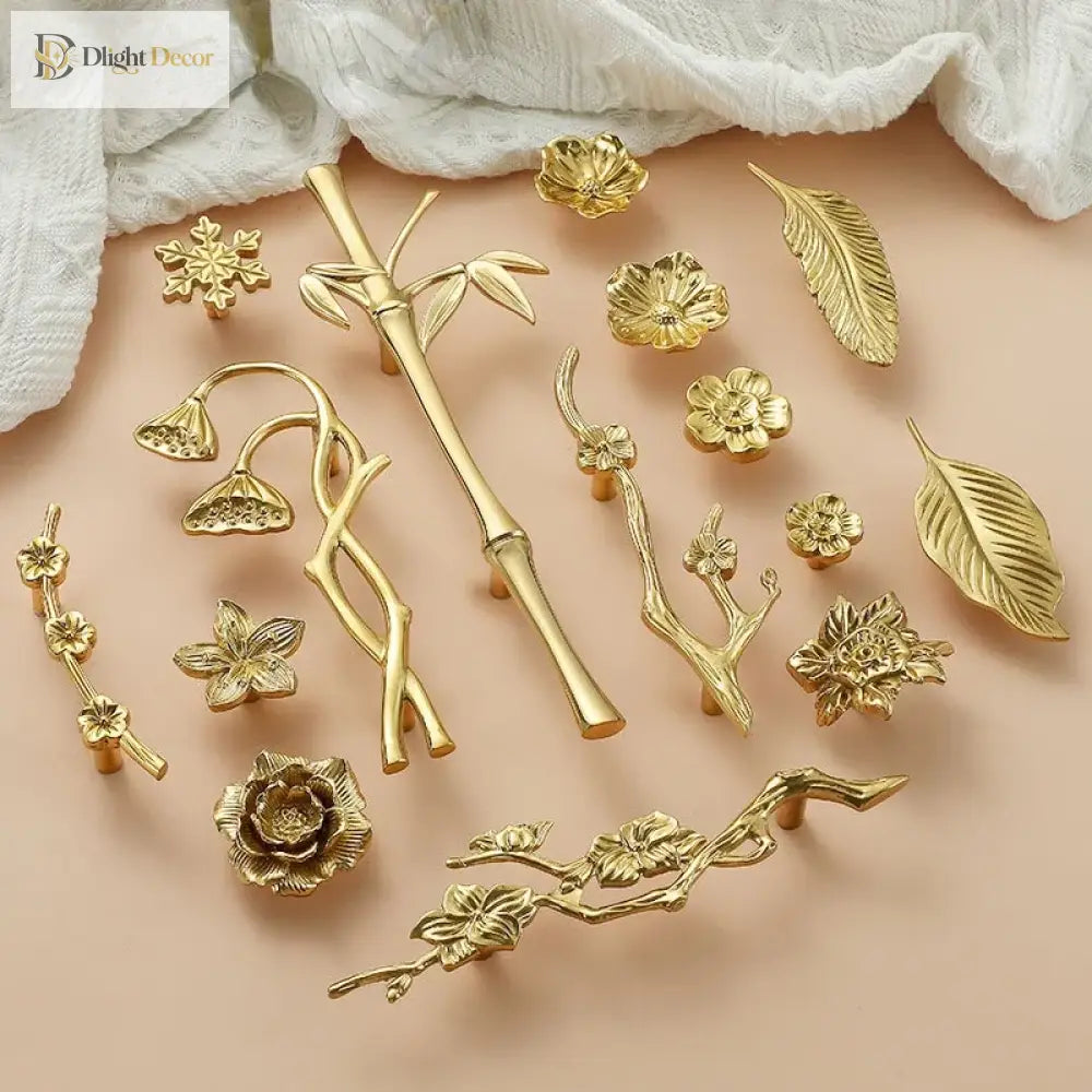 Luxury Brass Flower and Leaf Cabinet Handles – Chinese-Style Decorative Pulls for Wardrobes and Drawers Handles
