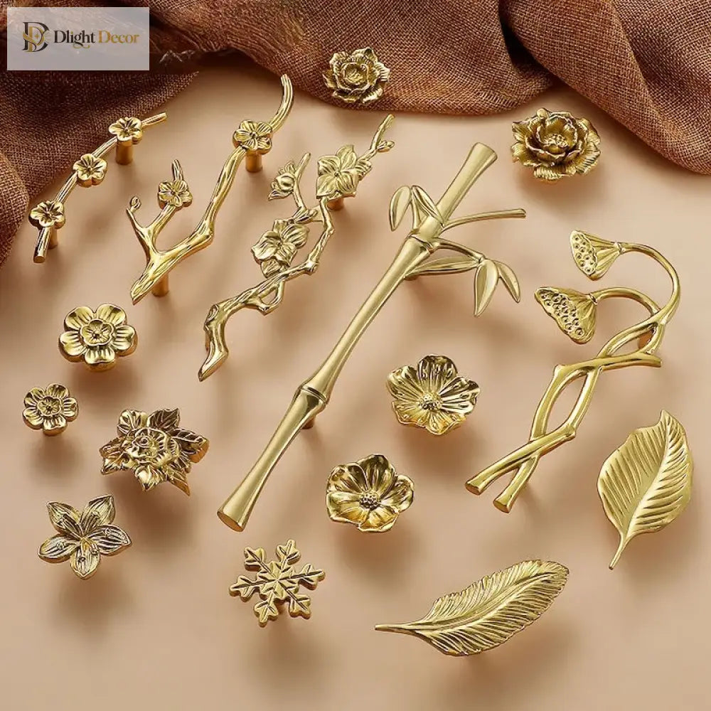 Luxury Brass Flower and Leaf Cabinet Handles – Chinese-Style Decorative Pulls for Wardrobes and Drawers Handles