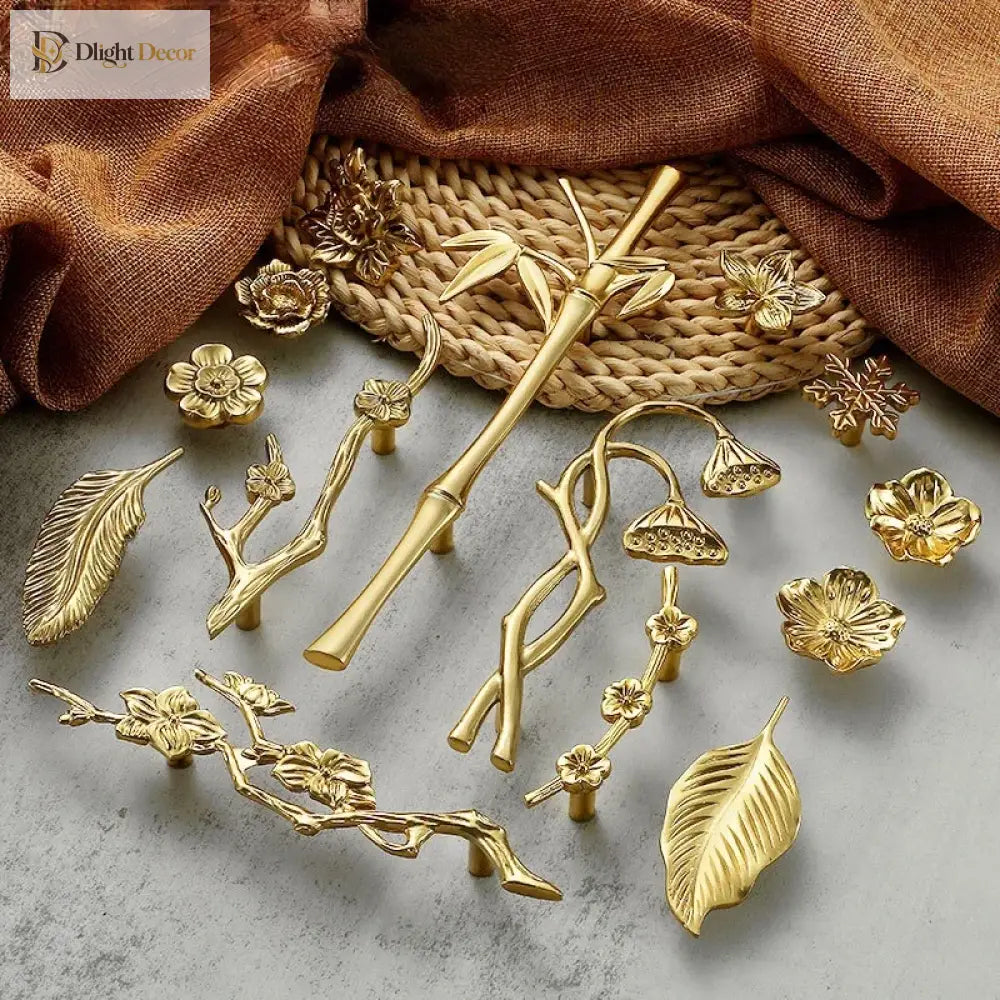 Luxury Brass Flower and Leaf Cabinet Handles – Chinese-Style Decorative Pulls for Wardrobes and Drawers Handles