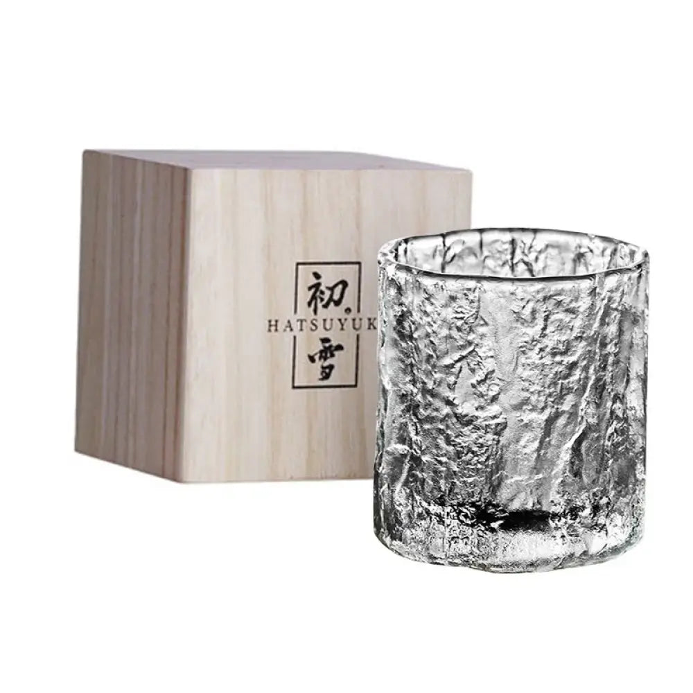Crystal whiskey rocks glass with hammered finish, in wooden gift box.