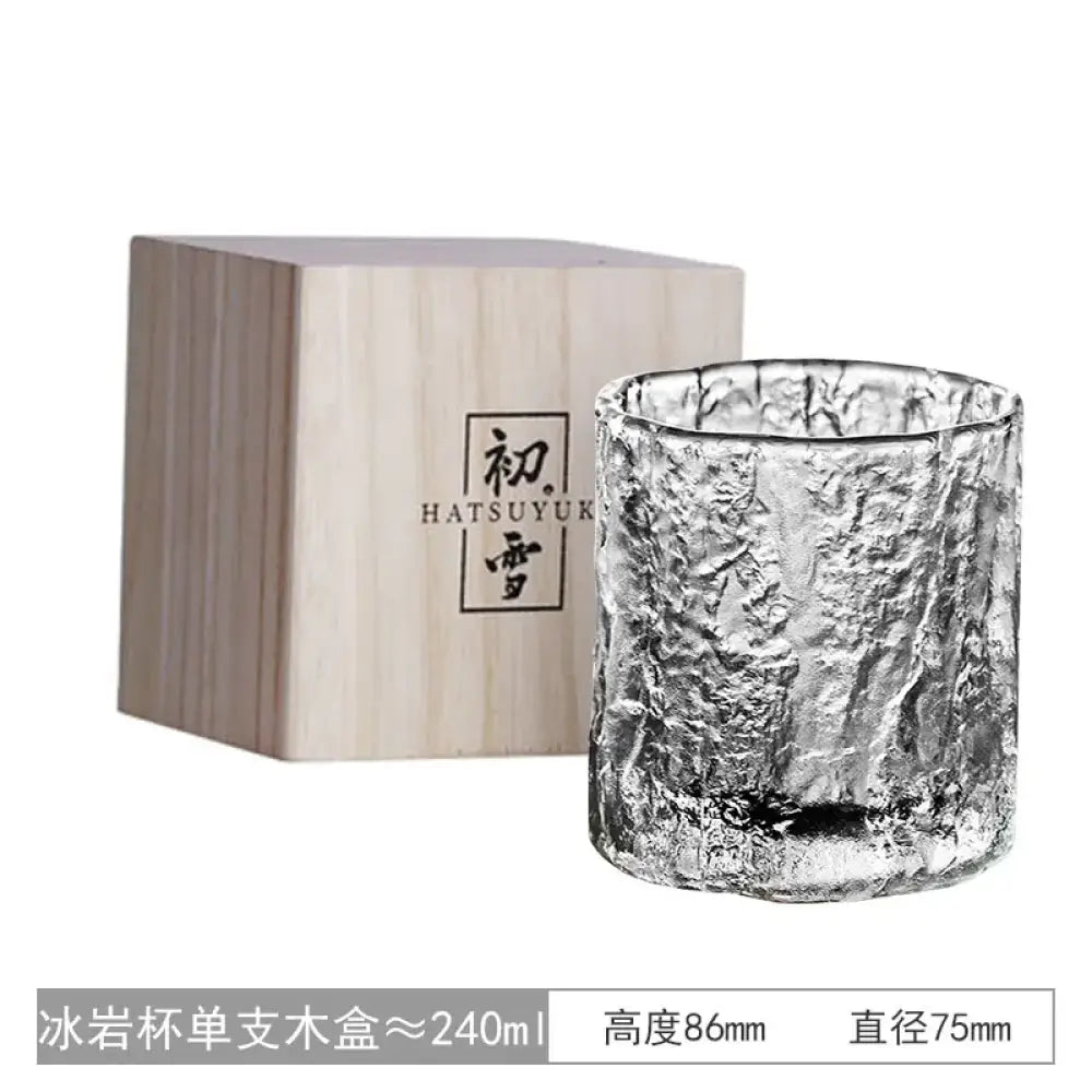 Hammered crystal whiskey rocks glass and wooden gift box for gifting.