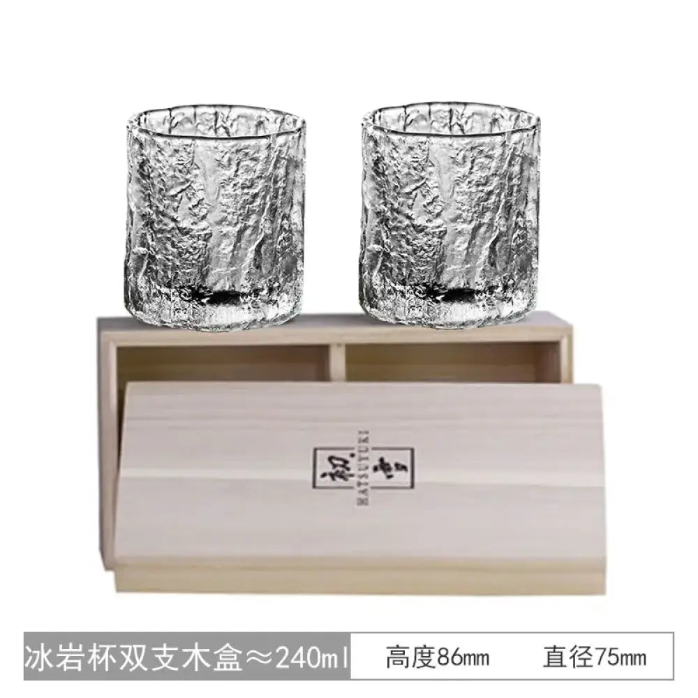 Two hammered crystal rocks glasses with wooden gift box and inner tray.