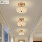 Gold flush-mount crystal acrylic ceiling light with three-tier drum shades