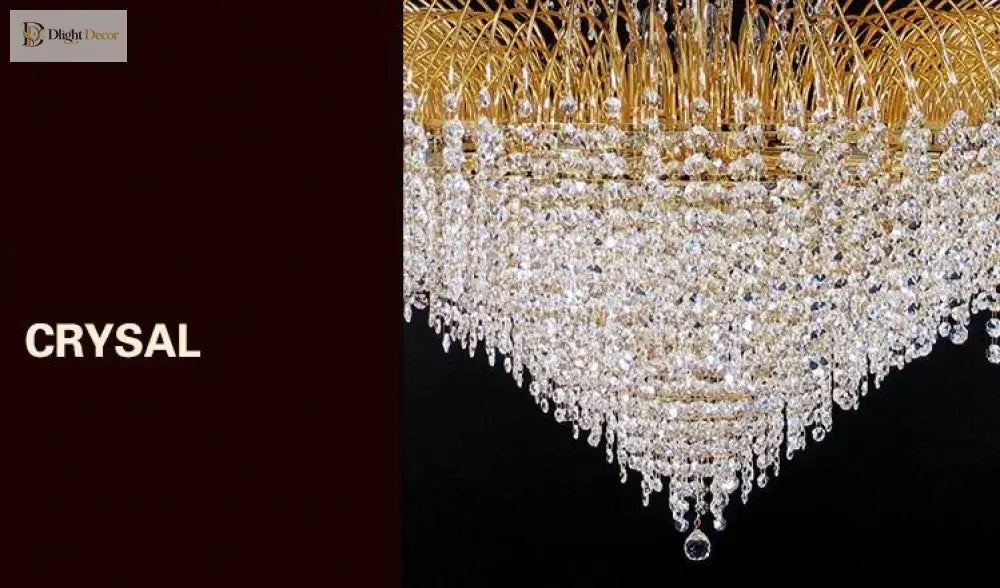 Crystal chandelier underside with gold-tone lattice frame and dense clear crystal drops