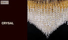 Crystal chandelier underside with gold-tone lattice frame and dense clear crystal drops