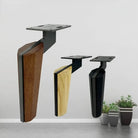 Furniture leg set with walnut wood sides and black square metal mounting plates
