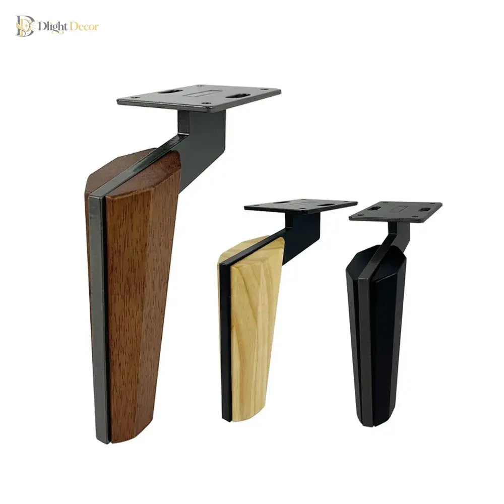 Furniture legs with walnut, light wood, and black finishes; square metal mounting plates