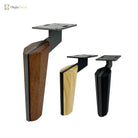 Furniture legs with walnut, light wood, and black finishes; square metal mounting plates
