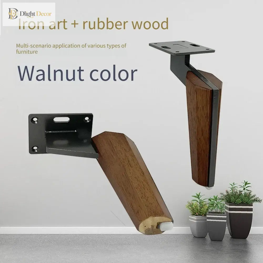 Walnut color furniture leg with black square mounting plate and angled iron bracket