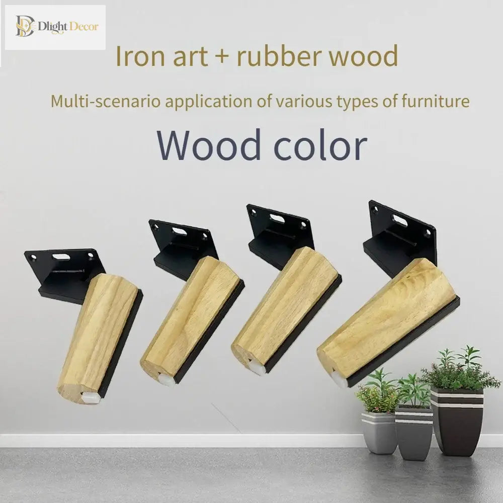 Light wood color furniture legs with black square mounting plates and curved iron supports