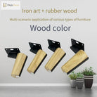 Light wood color furniture legs with black square mounting plates and curved iron supports
