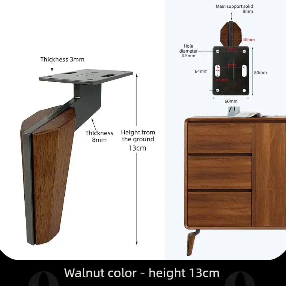 Wrought iron and wood sofa legs, walnut tone, 13cm height, 8mm thick support